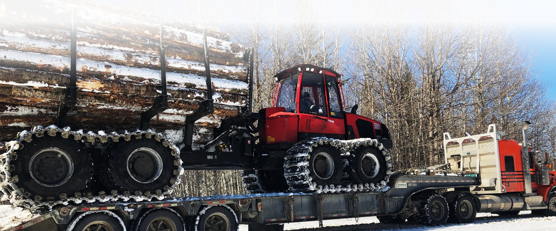 Orange Truck with Logs and Tractor